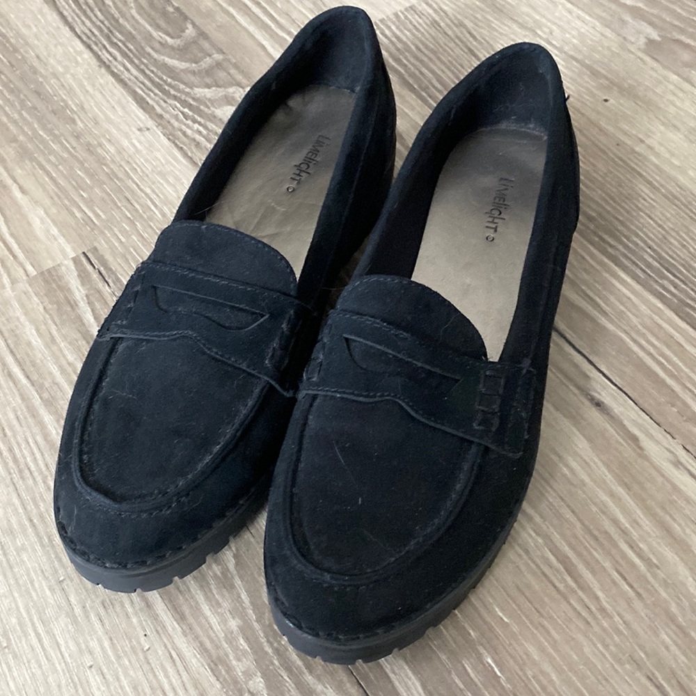Black penny loafers. Suede/velvet material